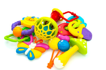 Baby toys collection, tooth toys, rattles isolated on white background