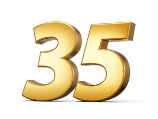 Golden metallic Number 35 Thirty five, White background 3d illustration