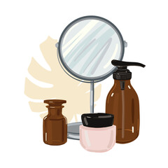 Beauty products and mirror, vector illustration. Night table, hand mirror, face cream. Self care products.  - 573667157