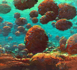 Underwater coral reef digital painting concept art. 2d illustration.