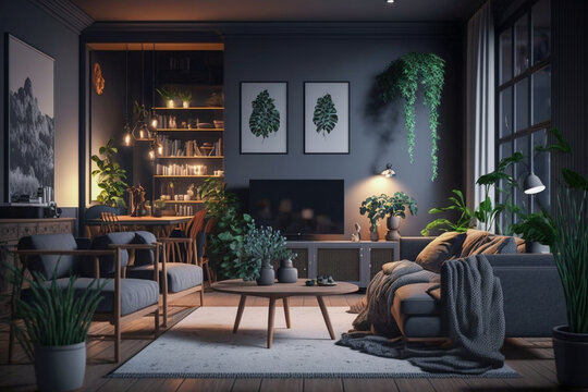 Modern living room interior design, super photo realistic, generative ai