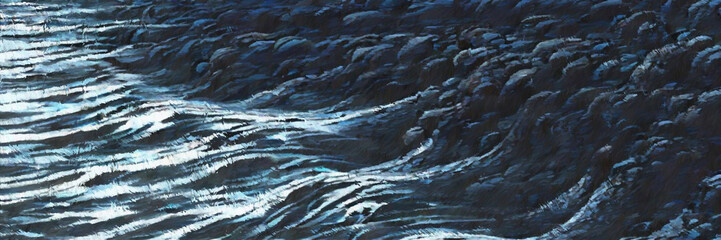 Rocky shore digital painting. 2d illustration.