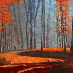 Digital painting of park view. Autumn landscape. 2d illustration.