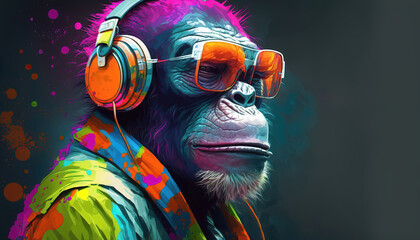 portrait of a party monkey ape with headphones on a colorful abstract background, generative ai - obrazy, fototapety, plakaty