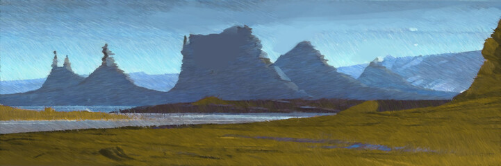 Mountain range scenery. Digitally painted concept art. 2d illustration. Wide brush.