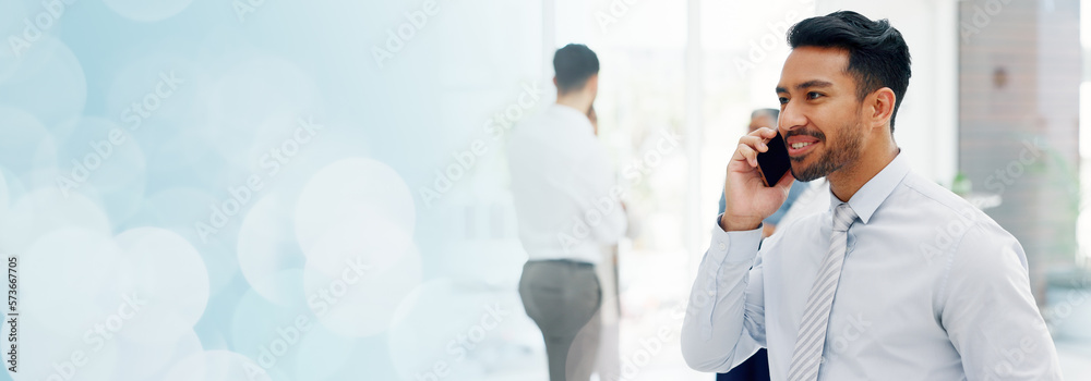 Poster businessman, communication and phone call with mobile networking at financial advisory startup compa