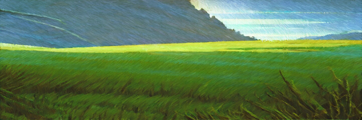 Green alpian landscape digital painting. Paintery, unfinished, cgi brush style. 2d illustration.
