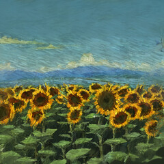 Sunflower field. Sunny summer day in rural district. 2d illustration.