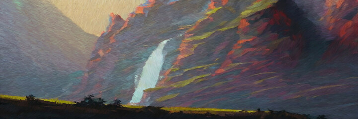 Dense jungle waterfall digital painting. Paintery, unfinished, cgi brush style. 2d illustration.