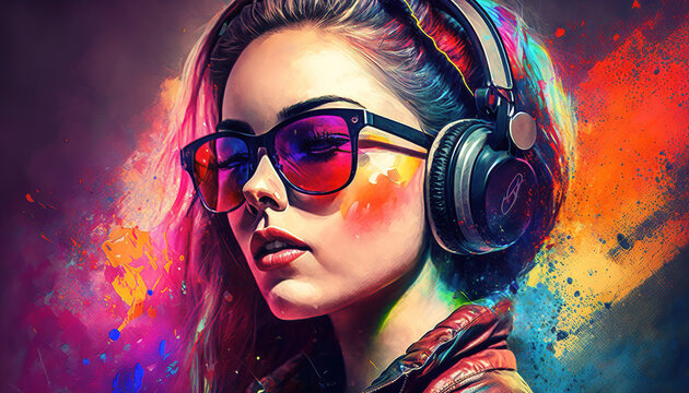portrait of a beautiful woman with headphones on a colorful abstract background, generative ai