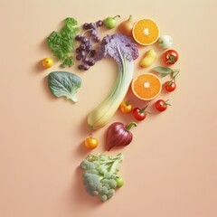 Question mark symbol from vegetables and fruits, generative ai