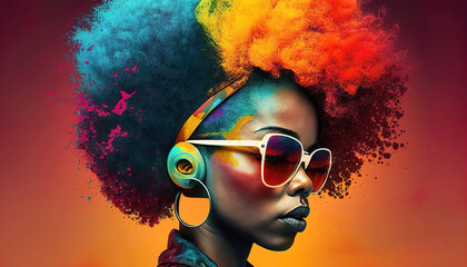 portrait of a beautiful african american woman with headphones and afro hair on a colorful abstract background, generative ai - obrazy, fototapety, plakaty