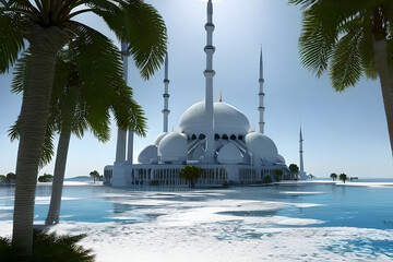 Naklejka premium A Tropical Oasis: A Futuristic Mosque That Blends Serenity and Modernity with Generative AI