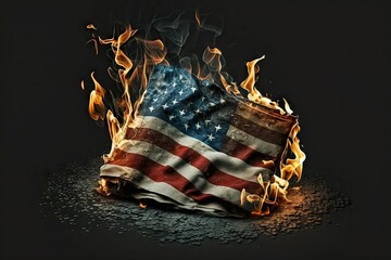 Political crisis. Burning USA flag. Dark solid background