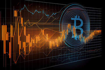 Bitcoin crypto currency on digital graphic background, conceptual, generative ai