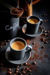 Fototapeta premium Tazze di espresso italiano e chicchi di caffè isolati su sfondo scuro. Direttamente sopra.