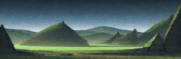 Alien world concept art. Digitally painted landscape. 2d illustration.