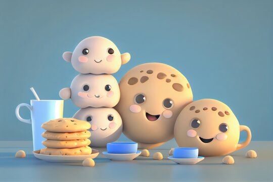 Cute Cartoon Biscuits and Gravy Characters 3D Illustration. Created with Generative AI Technology