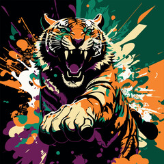 Colorful angry tiger pop art vector illustration