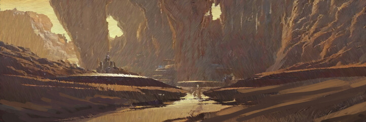 Cave digital painting. Concept art of a scenery. 2d illustration.
