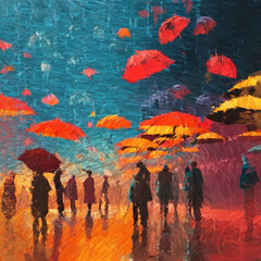 People with umbrellas during rain digital painting. 2d illustration.