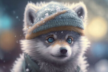 Cute Baby Wolf Wearing A Hat, Generative Ai
