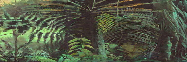 Dense jungle digital painting. Paintery, unfinished, cgi brush style. 2d illustration.