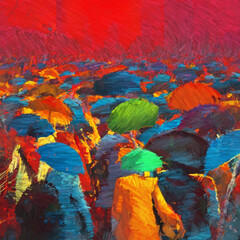 People with umbrellas during rain digital painting. 2d illustration.