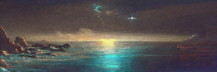 Ocean view digital painting. Paintery, unfinished, cgi brush style. 2d illustration.