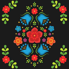 Fondo de arreglo floral, estilo bordado de México. Vector.