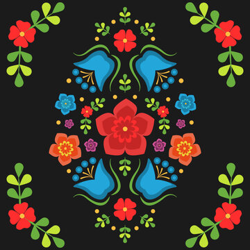 Fondo de arreglo floral, estilo bordado de M&eacute;xico. Vector.