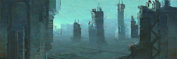 Futuristic imaginary cityscape digital painting. Paintery, unfinished, cgi brush style. 2d illustration.