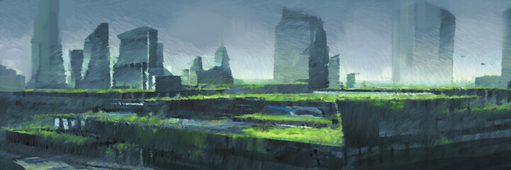 Futuristic imaginary cityscape digital painting. Paintery, unfinished, cgi brush style. 2d illustration.