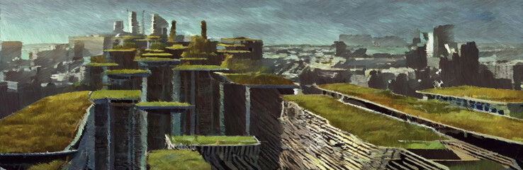 Futuristic city scenery. Science fiction digital painting. 2d illustration.