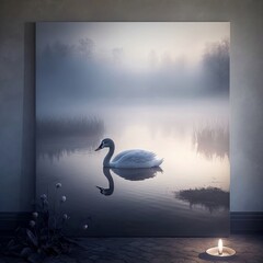 Photo of a foggy lake with a swan gliding through the water