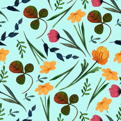  Seamless colorful watercolor pattern. Forest and garden elements on a light background. Flowers, leaves.