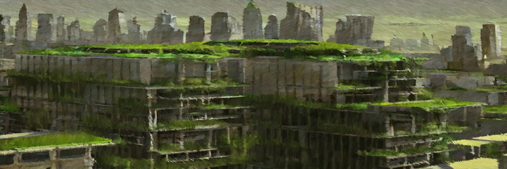 Futuristic city scenery. Science fiction digital painting. 2d illustration.