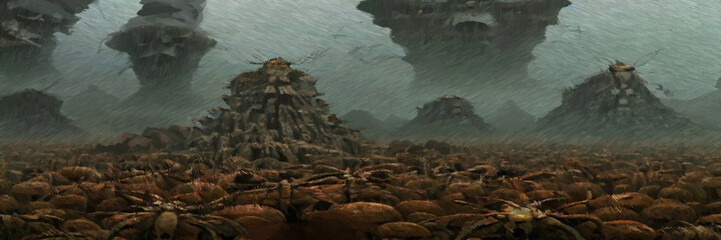 Alien planet landscape. Digital painting concept art. 2d illustration.