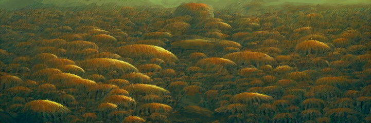 Alien planet landscape. Digital painting concept art. 2d illustration.