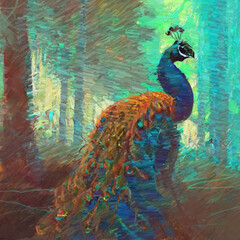Peacock in the park digital painting. 2d illustration.