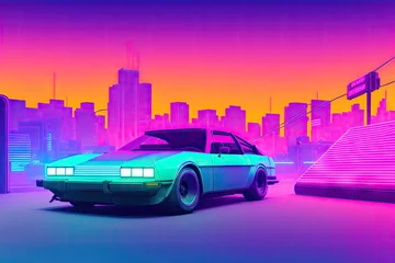 Zelfklevend Fotobehang 80s retro futuristic drive, vintage car. Synthwave sci-fi landscape. Retrowave style, night sky. Vaporwave. Generative AI © Aleksandr