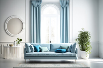 Modern sofa with bright windows and houseplants, Generative AI