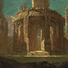 Ruins of ancient building. Digitally painted scenery. 2d illustration.