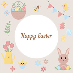 Easter card in flat style. Traditional symbols: eggs, rabbit, chicken and others. Vector illustration