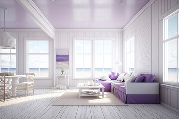 Fototapeta na wymiar luxury ocean beach house apartment suite lounge living room, generative ai