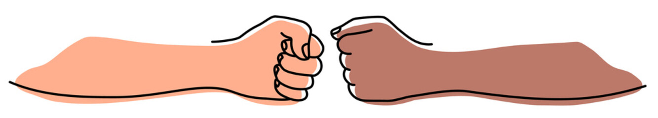 Fist bumping banner hand drawn with single line. Team work, cooperation, friends concept. Png illustration isolated on transparent background