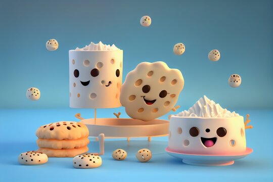 Cute Cartoon Biscuits and Gravy Characters 3D Illustration. Created with Generative AI Technology