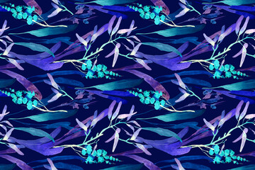 Fototapeta na wymiar Colorful watercolor seamless pattern on a dark blue background. Fabrics, textiles, wrapping paper. Bed linen, sheets, pillows.