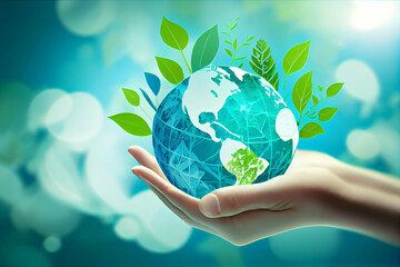 Umwelt- Konzept zum Tag der Erde: Menschliche Hände, halten die Erde vor einem grünen und ökologisch nachhaltigen Hintergrund, Vektor Illustration - Generative Ai
