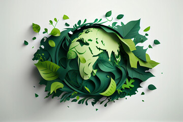 Umwelt- Konzept zum Tag der Erde:  die Erde vor einem grünen und ökologisch nachhaltigen Hintergrund, Vektor Illustration - Generative Ai - obrazy, fototapety, plakaty